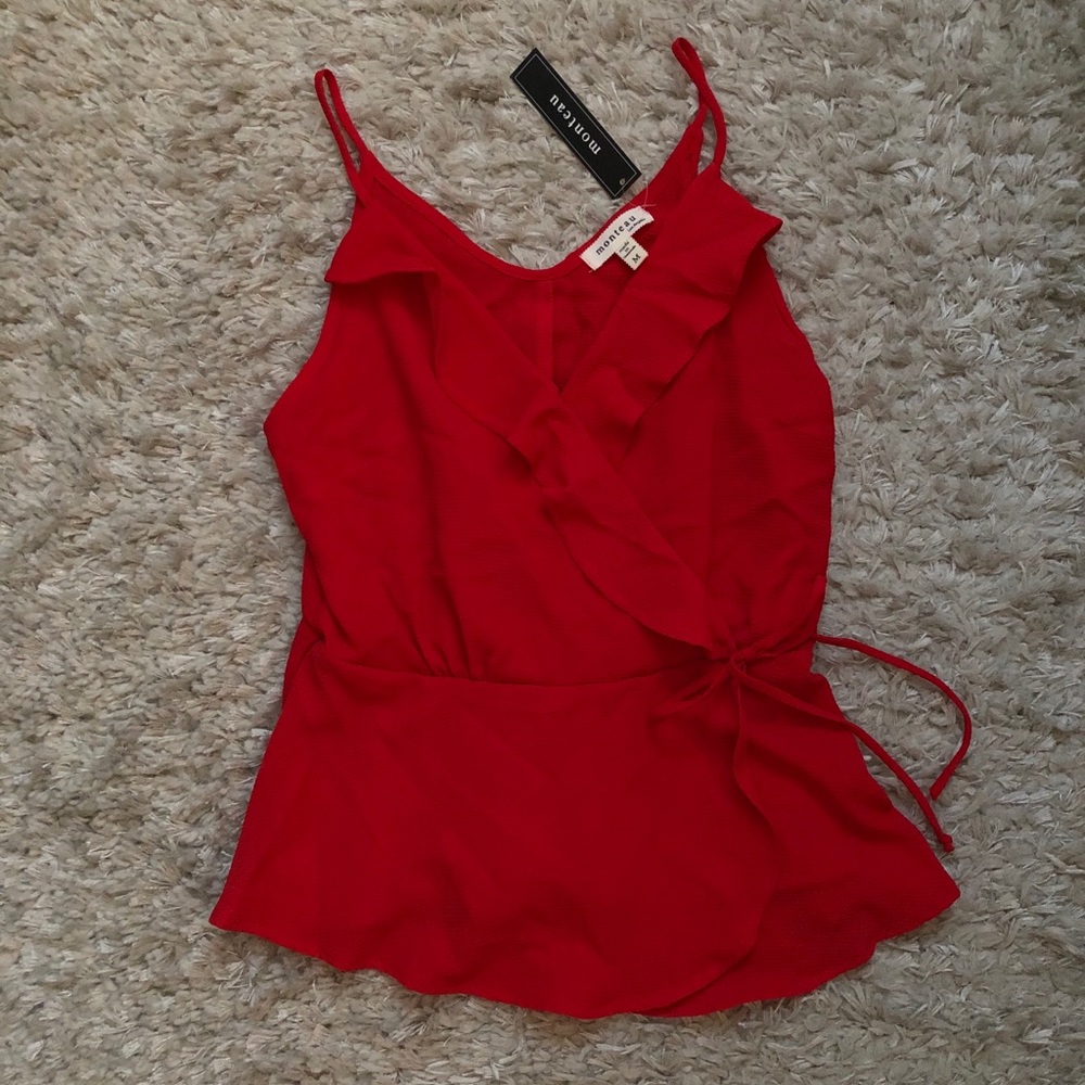 Red Ruffle Faux Wrap Top